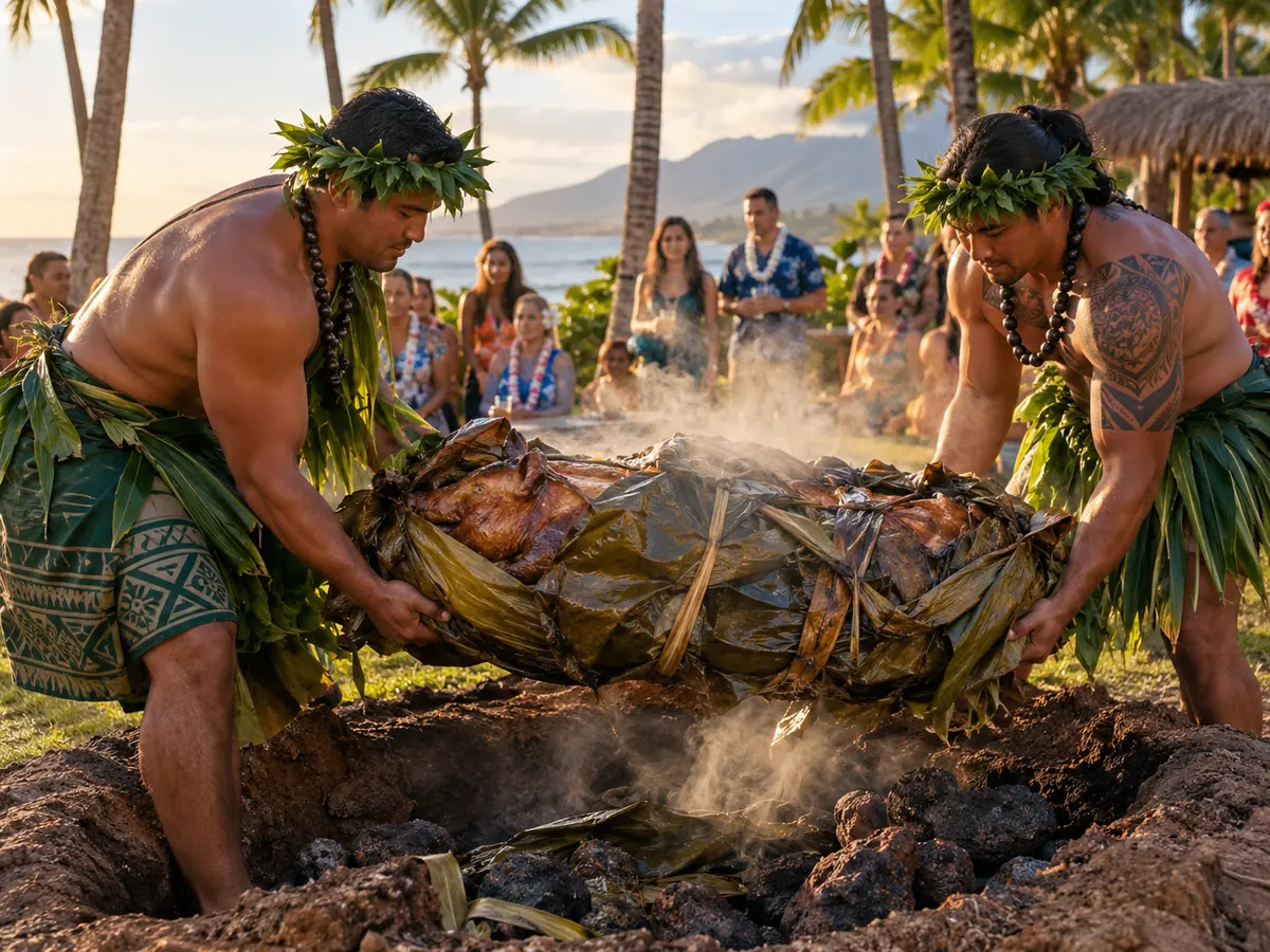Kalua pig being lifted out of an underground imu oven at an Oahu luau