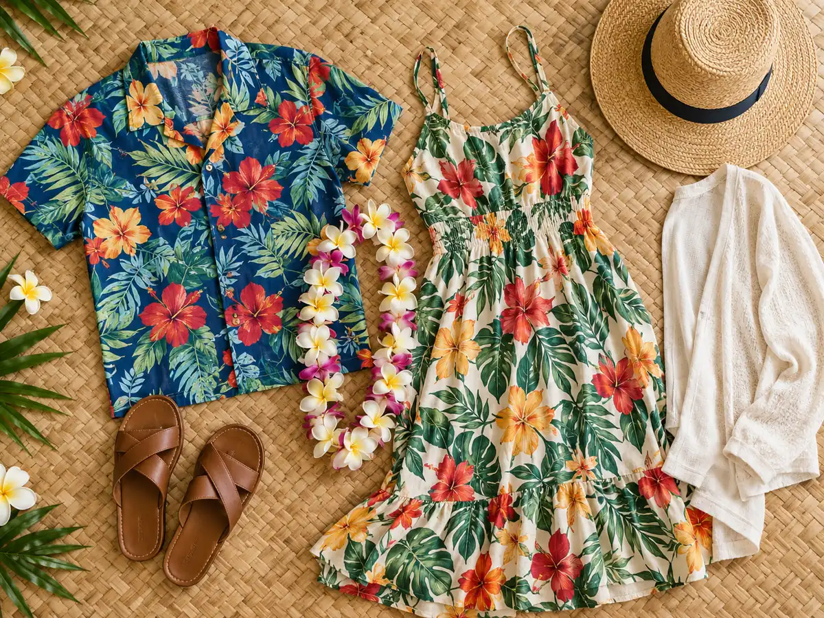 Luau outfit flat lay with aloha shirt, sundress, sandals and a flower lei