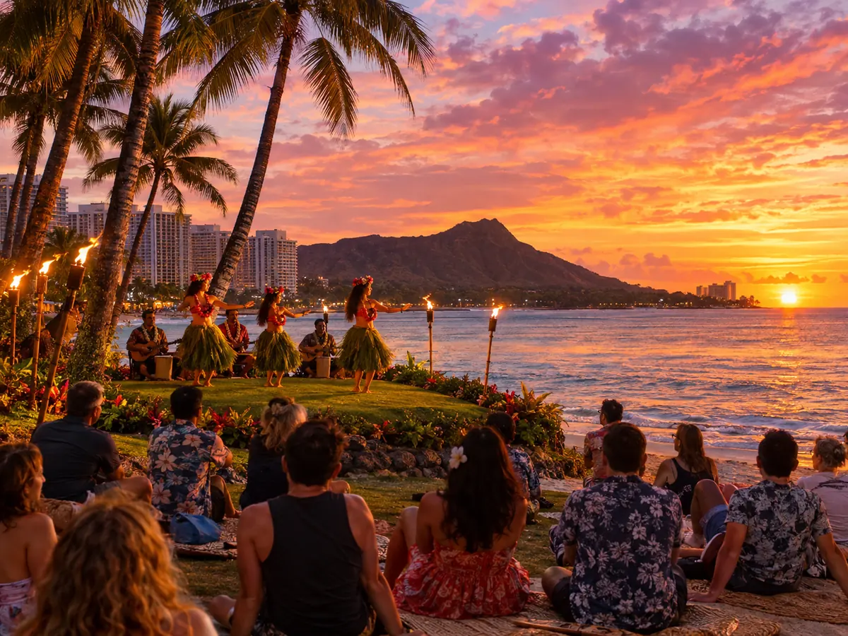 Torch-lit hula show on a grassy mound by Waikiki Beach with Diamond Head behind