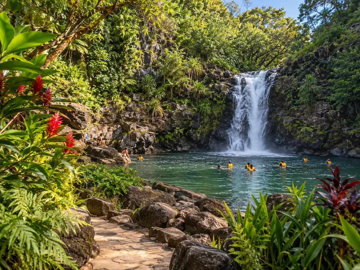 Waimea Falls and the botanical garden path in Waimea Valley on the North Shore