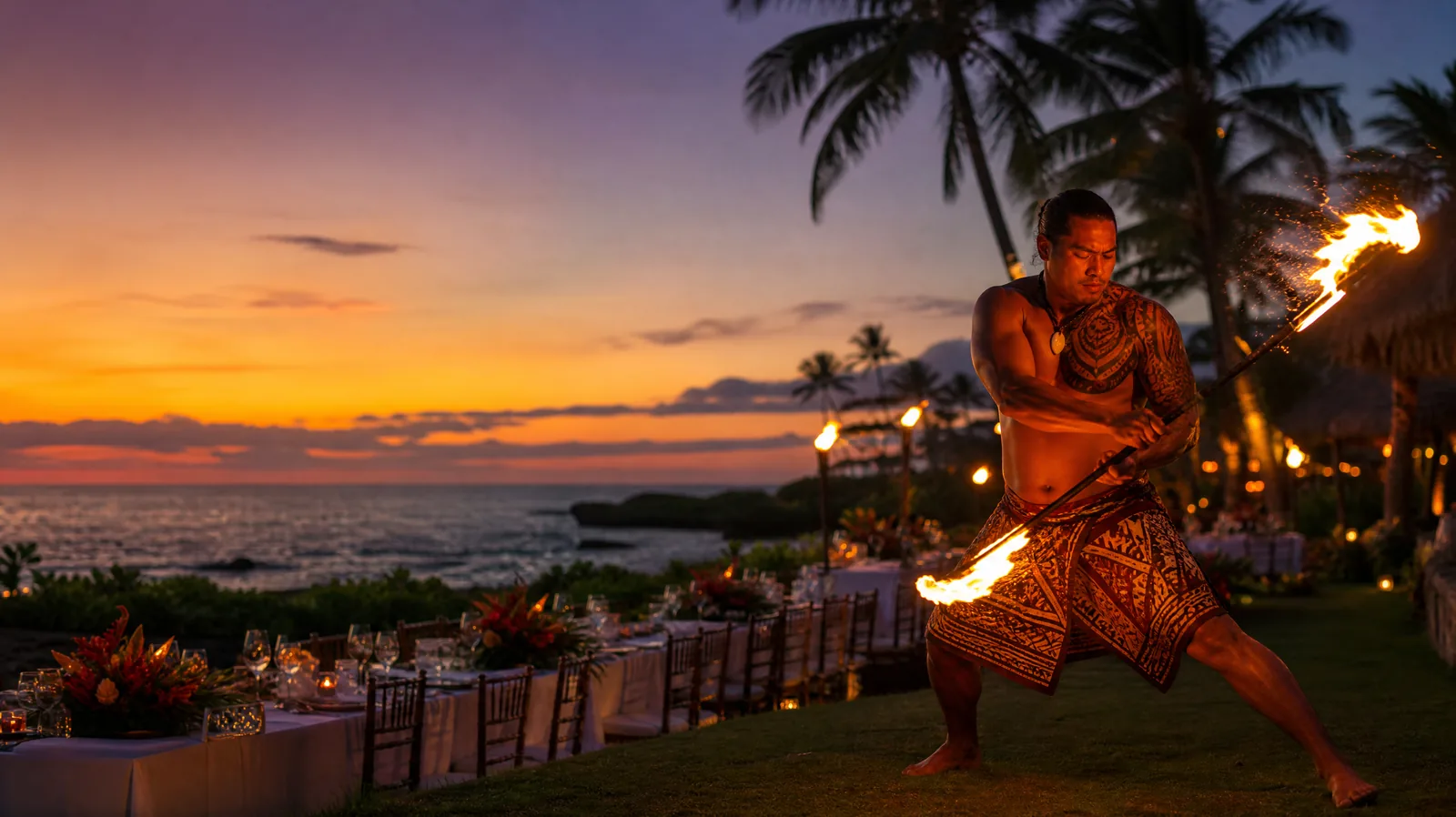 Fire knife dancer at a sunset luau on Oahu with tiki torches and the Pacific behind